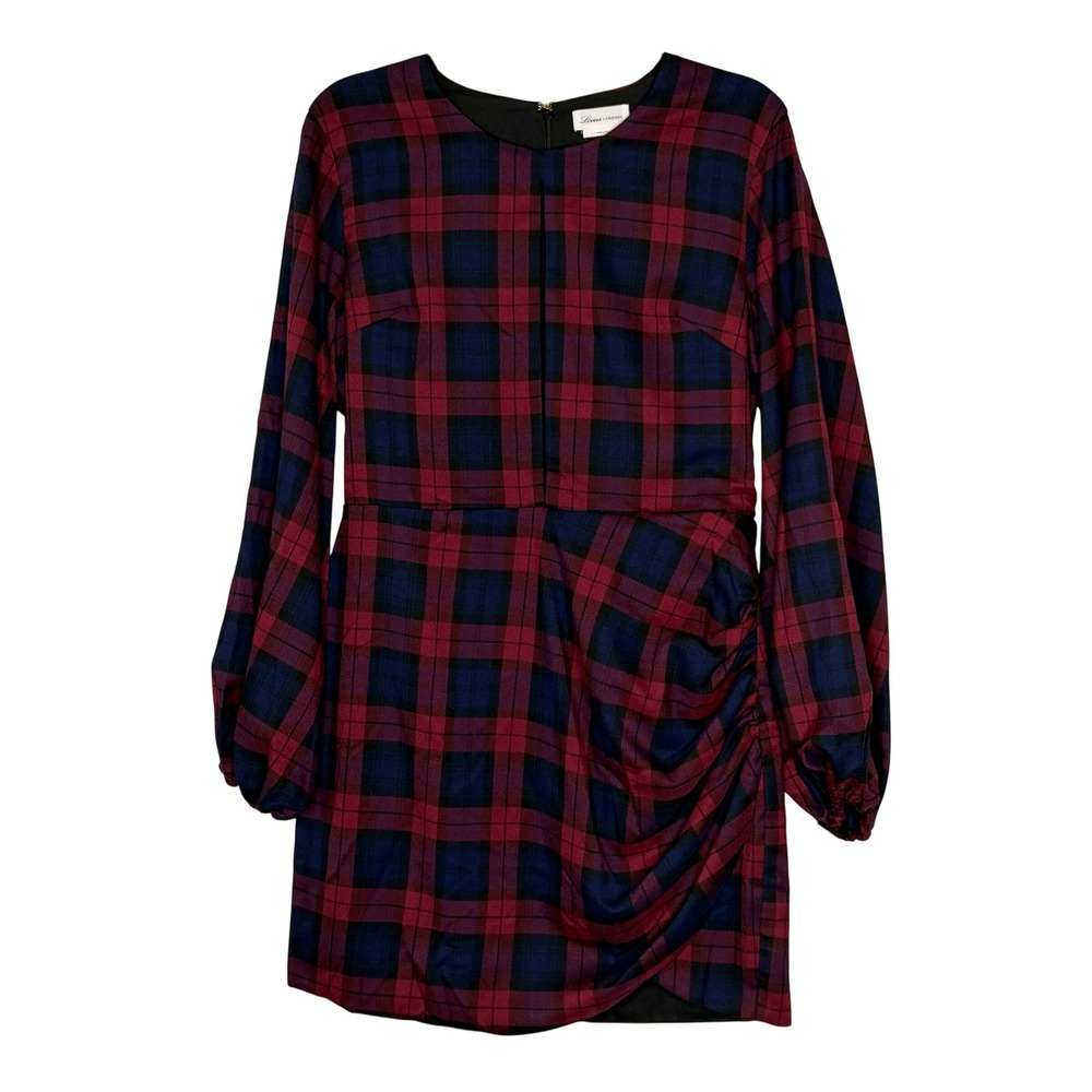 Lovers + Friends  Liliana Red Navy Blue Plaid Ruched‎ Lantern Mini Dress Large